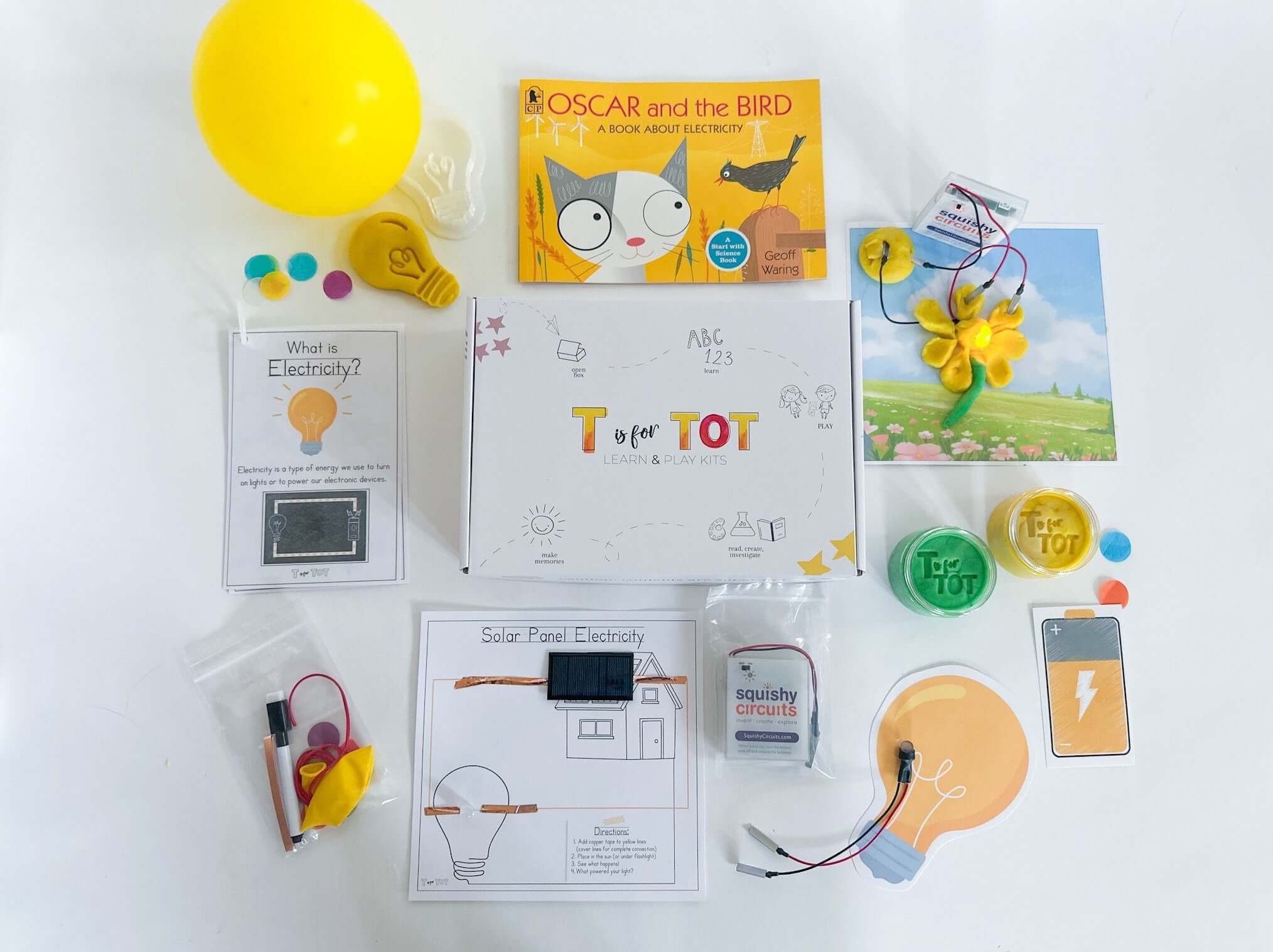 Interactive electricity learning kit for kids, featuring Squishy Circuits battery pack, homemade playdough, and lightbulb playdough cutter. Includes experiments with static electricity and solar panels, along with 
